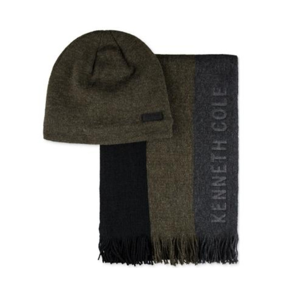 Kenneth Cole Striped Scarf with Sherpa-Lined Beanie Set Olive - Picture 1 of 1